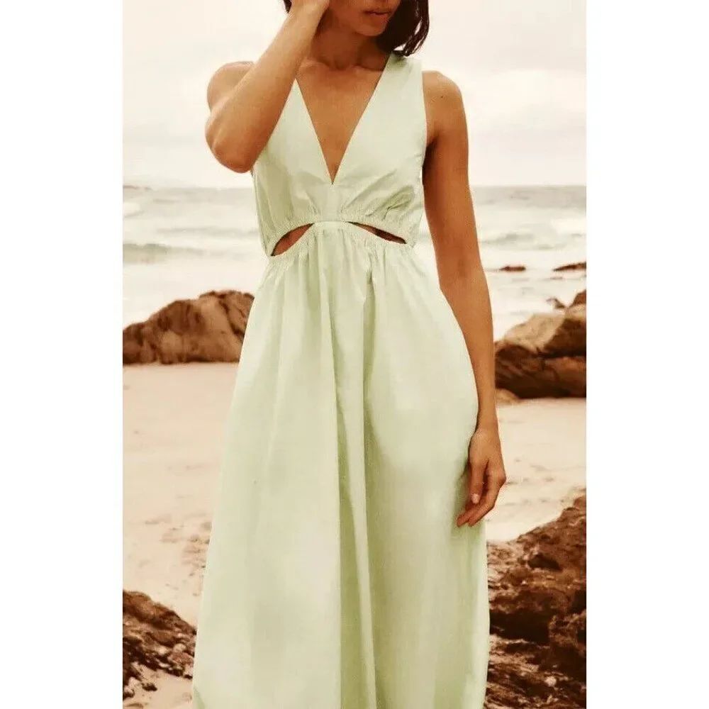 Zara Womens A-line Midi Cut Out Dress XS Light Yellow Garbandine 3067/800 NWT